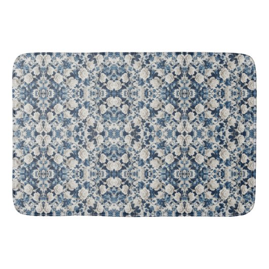 Blaue Blumen-Damaskus-Musterdecke Badematte (Vorderseite)