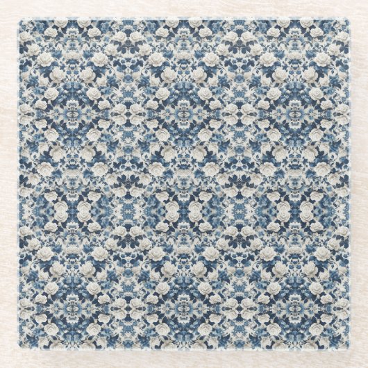 Blaue Blumen-Damaskus-Musterdecke Glasuntersetzer (Vorderseite)