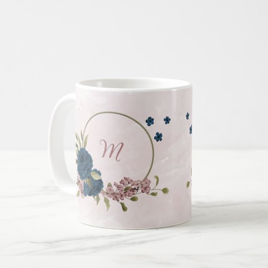 Blaue Blumen der rosa Marine Kaffeetasse (Vorderseite Links)