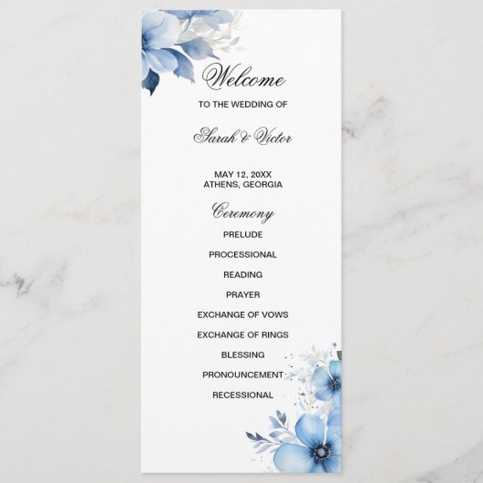 Blaue Blumen-Doppelseiten-Programmkarte Programm (Vorderseite)
