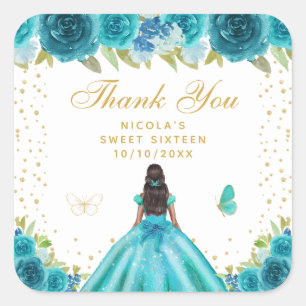 Blaue Blumen Dunkle Haut Prinzessin Sweet Sixteen Quadratischer Aufkleber