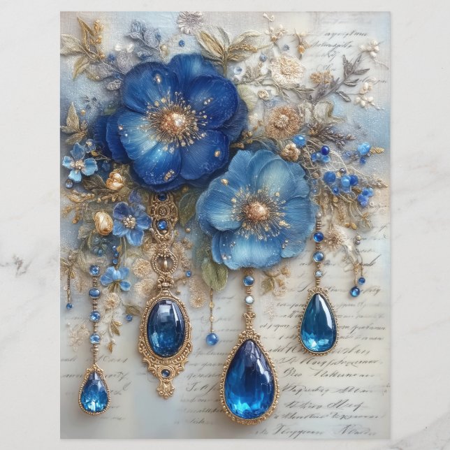 Blaue Blumen Edelsteine Junk Journal Scrapbook Pap (Vorderseite)