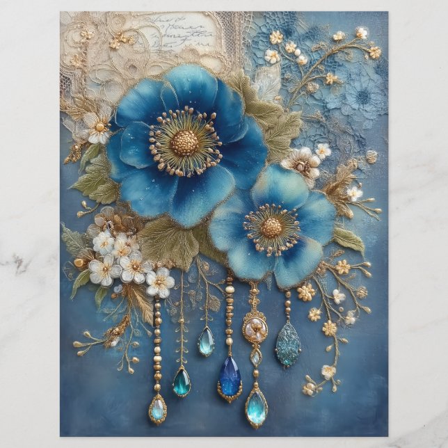 Blaue Blumen Edelsteine Junk Journal Scrapbook Pap (Vorderseite)