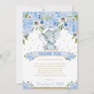 Blaue Blumen-Elefanten-Baby-Party Junge Dankeskarte