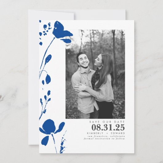 Blaue Blumen Elegantes Save the Date Foto (Vorderseite)