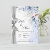 Blaue Blumen Eleganz Hochzeit Einladung (Stehend Vorderseite)