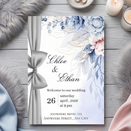 Blaue Blumen Eleganz Hochzeit Einladung
