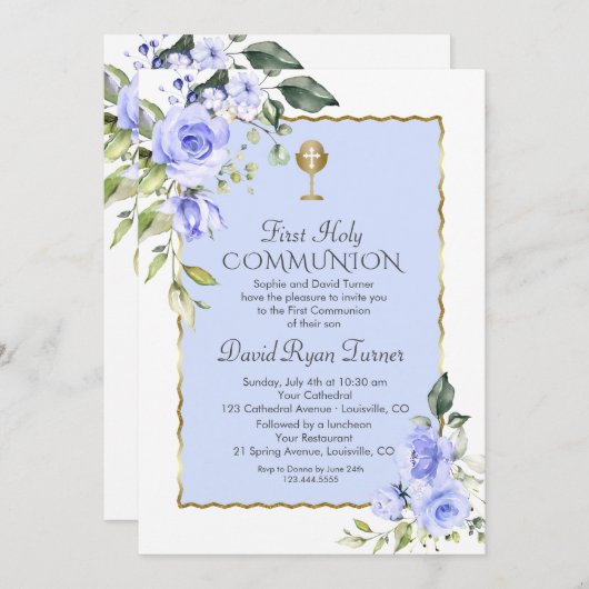 Blaue Blumen Erste Heilige Kommune Einladung (Vorne/Hinten)