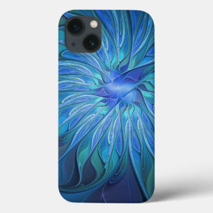 Blaue Blumen-Fantasie-Muster, abstrakte Fraktal-Ku iPhone 13 Hülle