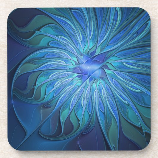 Blaue Blumen-Fantasie-Muster, abstrakte Fraktal-Ku Getränkeuntersetzer (Vorderseite)
