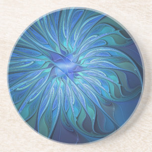 Blaue Blumen-Fantasie-Muster, abstrakte Fraktal-Ku Getränkeuntersetzer