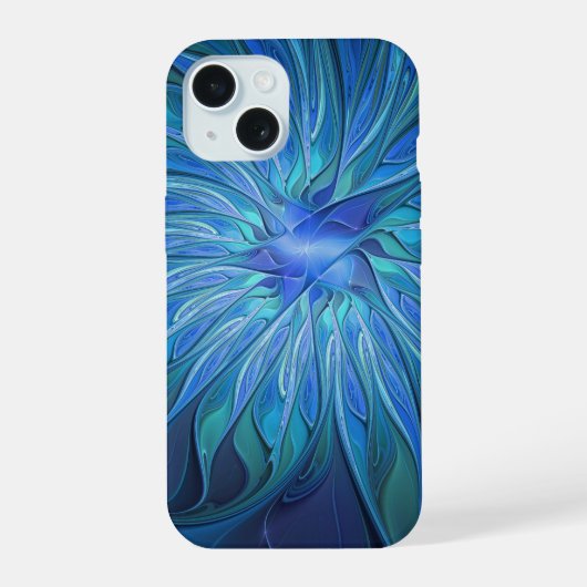 Blaue Blumen-Fantasie-Muster, abstrakte Fraktal-Ku iPhone 15 Hülle (Rückseite)