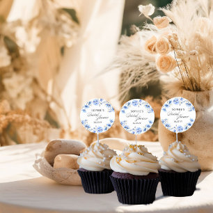 Blaue Blumen Florale Kalligrafie Brautdusche Runder Aufkleber