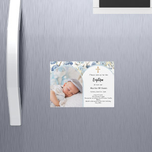 Blaue Blumen Foto Tor Junge Taufe Magneteinladung