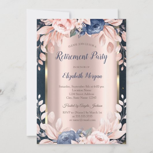 Blaue Blumen, Frame Dunkelblaue Altersvorsorge Einladung (Vorderseite)