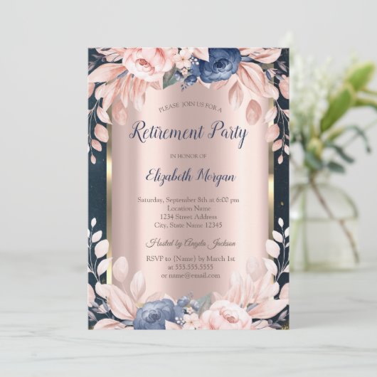 Blaue Blumen, Frame Dunkelblaue Altersvorsorge Einladung (Stehend Vorderseite)