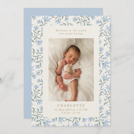 Blaue Blumen | Geburtsankündigungskarte Einladung (Vorne/Hinten)