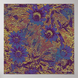 Blaue Blumen gegen Blatttarnungsmuster Poster