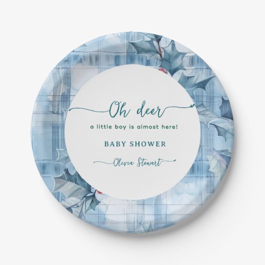 Blaue Blumen-Gingham Oh Hirsch Baby-Party Pappteller (Vorderseite)