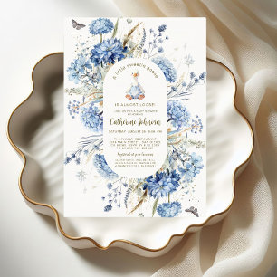 Blaue Blumen-Gingham-Verrückte-Gans-Baby-Party Einladung