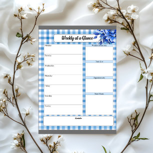 Blaue Blumen-Gingham_ Woche auf einen Blick Notizblock