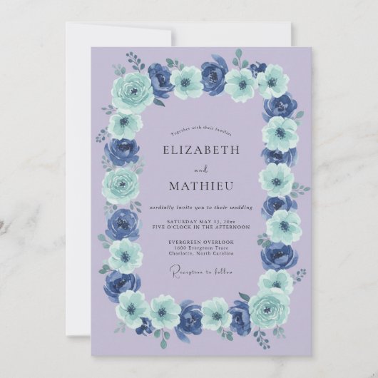 Blaue Blumen-Girlande Hochzeit Einladung (Vorderseite)