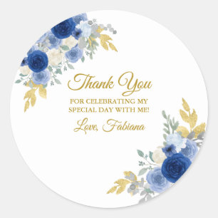 Blaue Blumen & Gold Runder Aufkleber