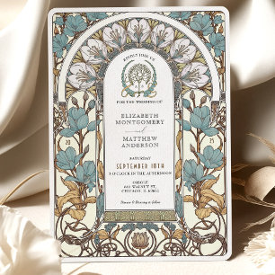 Blaue Blumen & goldene Akzente Art Nouveau Hochzei Einladung
