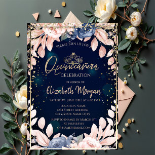 Blaue Blumen Goldene Tiara mit Diamanten Quinceañe Einladung