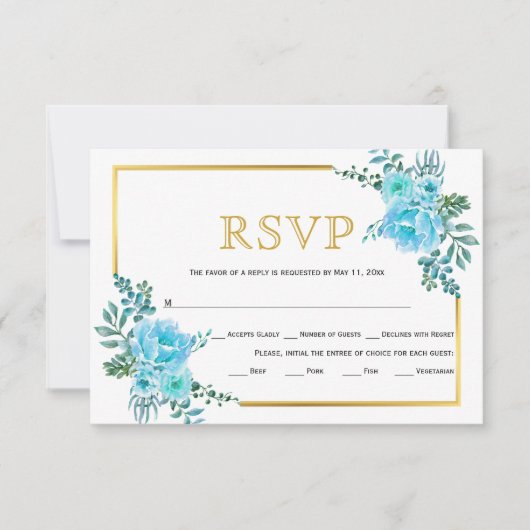 Blaue Blumen, Goldrahmen Hochzeit RSVP Karte (Vorderseite)