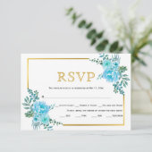 Blaue Blumen, Goldrahmen Hochzeit RSVP Karte (Stehend Vorderseite)