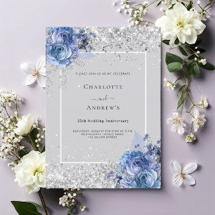 Blaue Blumen grau Silber 25. Hochzeitstag Einladung