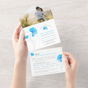 Blaue Blumen graue Wirbel Wasserfarbe individuelle All In One Einladung