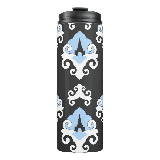 Blaue Blumen Graues Hintergrundmuster Thermosbecher (Vorderseite)