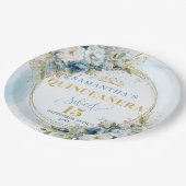 Blaue Blumen Grün Gold Personalisierte Quince Pappteller (Schrägansicht)