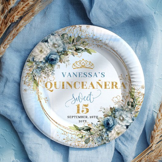 Blaue Blumen Grün Gold Personalisierte Quince Pappteller