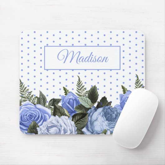 Blaue Blumen Grüne Blätter Monogramm Weiße Tupfen Mousepad (Mit Mouse)