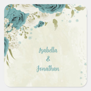 Blaue Blumen Grüne Hochzeit Quadratischer Aufkleber