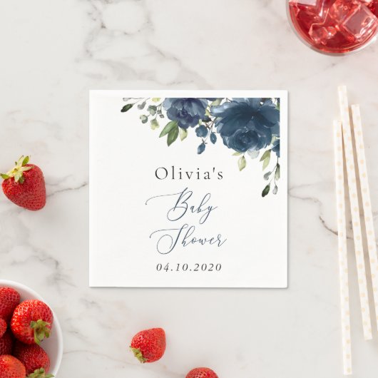 Blaue Blumen, Grünpflanzen, Boho, Babydusche Serviette (Beispiel)