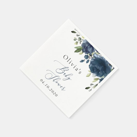 Blaue Blumen, Grünpflanzen, Boho, Babydusche Serviette (Ecke)