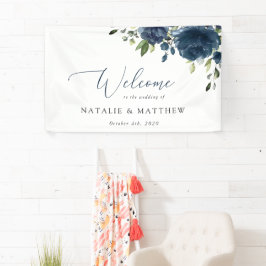 Blaue Blumen, Grünpflanzen, Boho, Begrüßung Banner