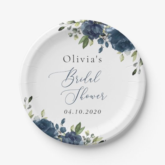 Blaue Blumen, Grünpflanzen, Boho, Brautparty Pappteller (Vorderseite)