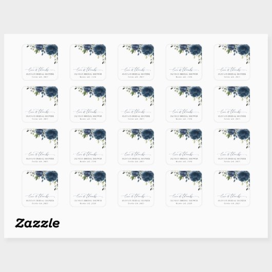 Blaue Blumen, Grünpflanzen, Boho, Brautparty Quadratischer Aufkleber (Blatt)