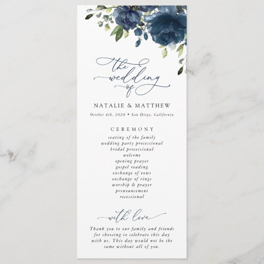 Blaue Blumen, Grünpflanzen, Boho, Hochzeitsprogram Programm (Vorderseite)