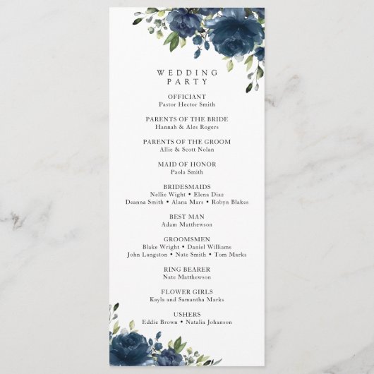 Blaue Blumen, Grünpflanzen, Boho, Hochzeitsprogram Programm (Rückseite)
