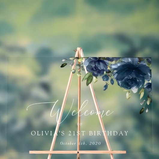 Blaue Blumen, Grünpflanzen, Geburtstag Willkommen Acrylschild (Neutral)