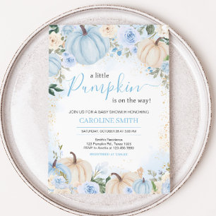 Blaue Blumen-Grünpflanzen-Kürbis-Baby-Party Einladung