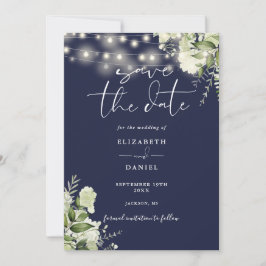 Blaue Blumen-Grünpflanzen-Lichterkette Hochzeit Save The Date