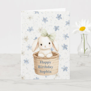 Blaue Blumen Hase im Korb Geburtstag Karte