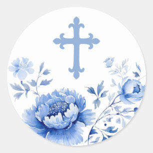 Blaue Blumen Heiliger Kreuzsticker Runder Aufkleber